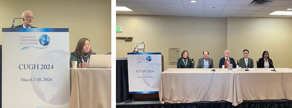 Two photos of presenters at the Consortium of Universities for Global Health conference