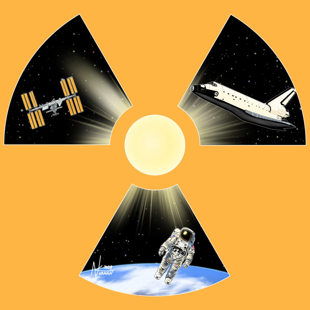 The International Space Station, a space shuttle and an astronaut on a spacewalk appear within the shapes of the international radiation symbol